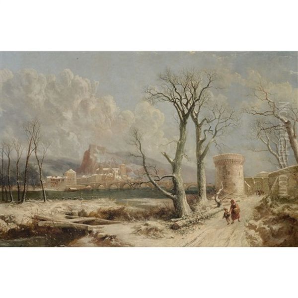 Winter Landscape With River Fort Oil Painting by Joseph Paul Pettitt