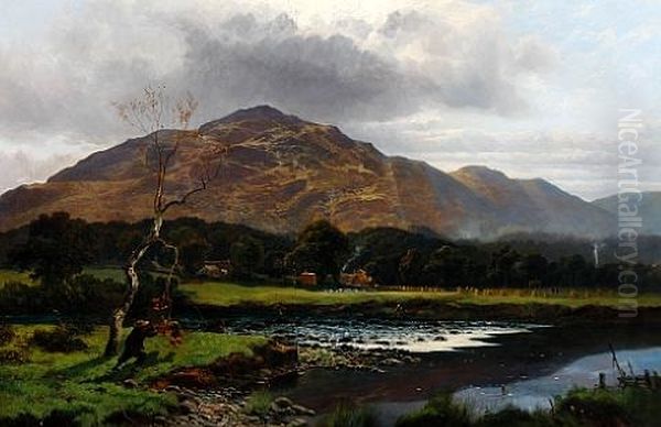 Extensive River Landscape (lake District?) With Boys Playing On A Swing By The River Bank, With Haymakers In The Distance Oil Painting by Joseph Paul Pettitt