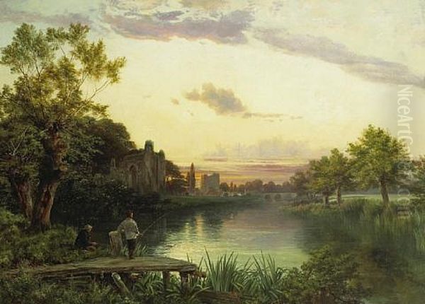 Anglers At Sunset By The Ruins Of An Abbey With A Village Beyond Oil Painting by Joseph Paul Pettitt