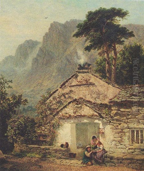 Children Before A Cottage In A Mountainous Landscape Oil Painting by Joseph Paul Pettitt