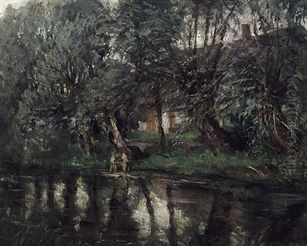 Fruhlingstag. Wascherin Am Bach. Durchblick Auf Landliches Gehoft Oil Painting by Rudolf Petuel