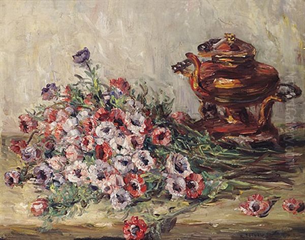 Anemonen Und Teekessel Oil Painting by Rudolf Petuel