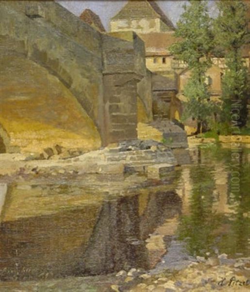 Alte Neckarbrucke In Besigheim Oil Painting by Hermann Petzet