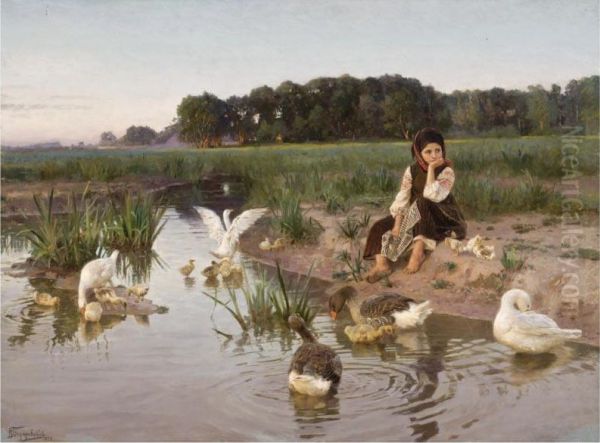 Ukrainian Girl Tending Geese Oil Painting by Nikolai Kornilievich Bodarewsky