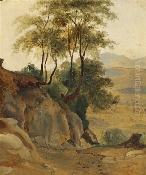 Italian Landscape With Rocks And Tall Trees Oil Painting by Frederik (Fritz) Petzholdt