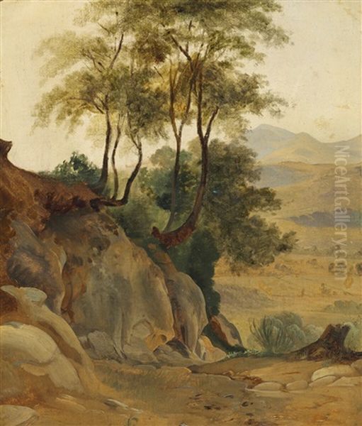 Italian Landscape With Rocks And Tall Trees Oil Painting by Frederik (Fritz) Petzholdt