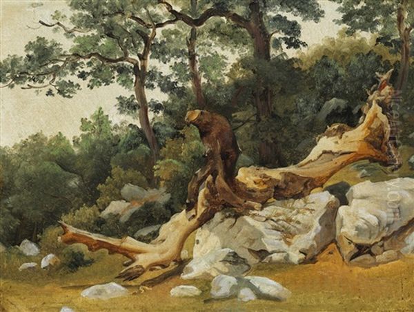 Landscape With Rocks And A Dead Tree Trunk Oil Painting by Frederik (Fritz) Petzholdt