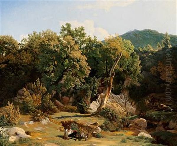 Italian Landscape With Two Shepherds Hunting Oil Painting by Frederik (Fritz) Petzholdt