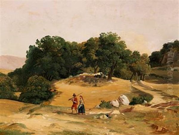 Italian Landscape With A Young Couple On A Path Oil Painting by Frederik (Fritz) Petzholdt