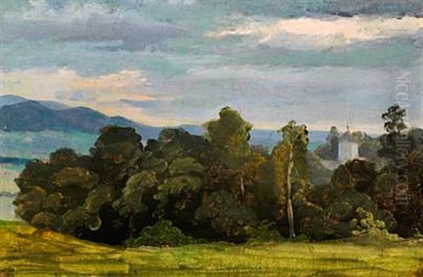 Landscape With Trees And Church Tower Oil Painting by Frederik (Fritz) Petzholdt