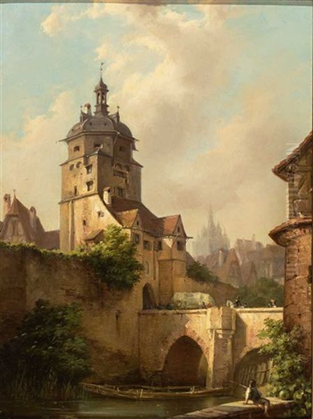 Stadttor Mit Steinerner Bogenbrucke In Einer Mittelalterlichen Stadt Oil Painting by Ferdinand Petzl