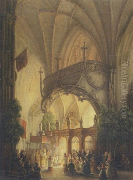 Prozession In Einer Gotischen Kirche (munchener Frauenkirche?) Oil Painting by Ferdinand Petzl