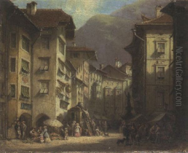 Markttreiben In Einer Altstadtgasse Oil Painting by Ferdinand Petzl