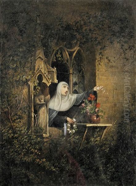 Nonne Mit Weisem Blutenkranz Am Fenster Oil Painting by Joseph Petzl