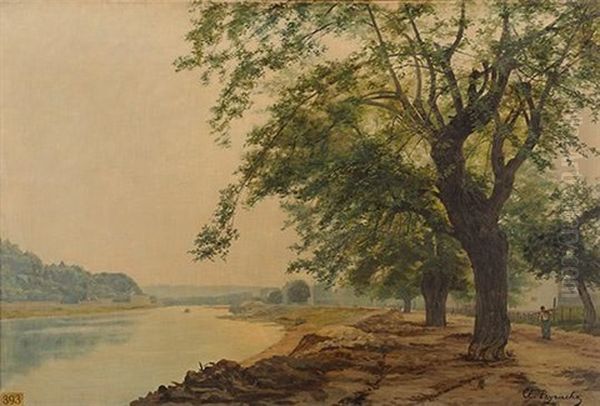 Allee Animee Sous Les Arbres En Bord De Saone Oil Painting by Claudius Peyrache