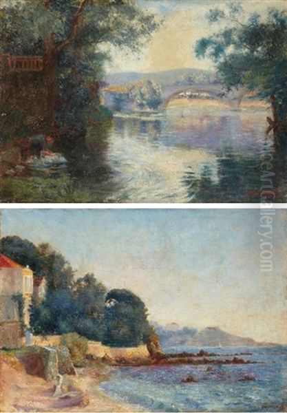 Bridge Over A River And Villa By The Sea (pair) Oil Painting by Frank Charles Peyraud