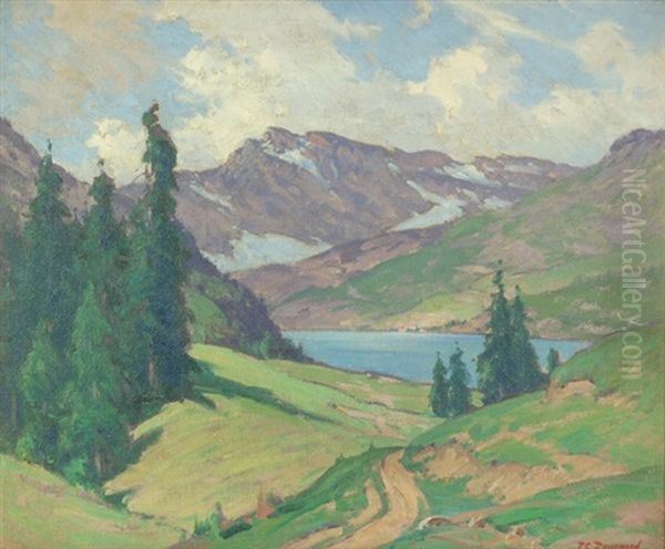 Mountain Landscape With Ranch Houses Across Lake Oil Painting by Frank Charles Peyraud