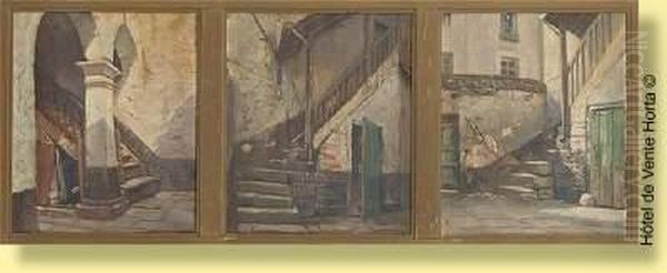 Huiles Sur Toile (triptyque). Cour De Ferme Oil Painting by Henry Bodart