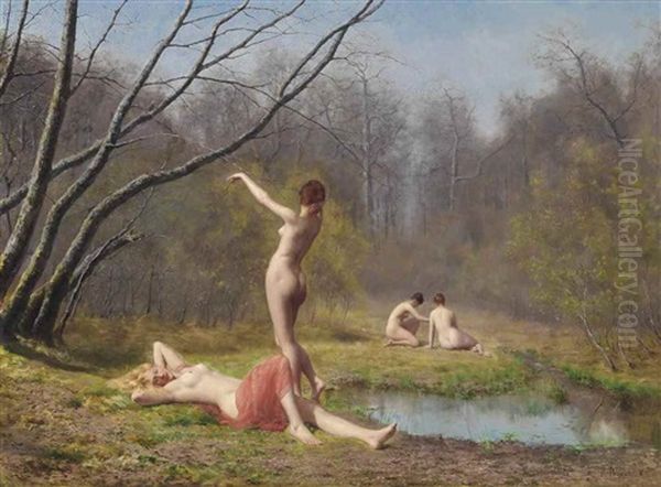 Bathers In The Forest Oil Painting by Rene Peyrol