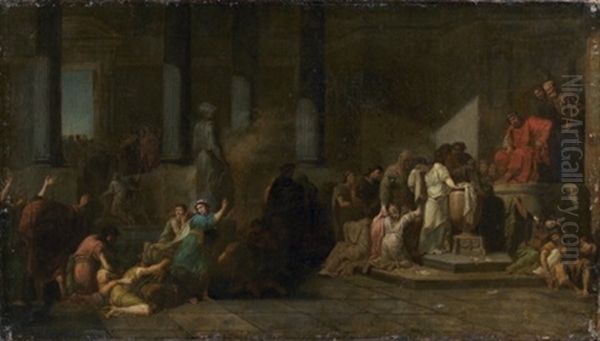 Les Atheniens Et Les Atheniennes Tirant Au Sort Pour Etre Livres Au Minotaure Oil Painting by Jean Francois Pierre Peyron