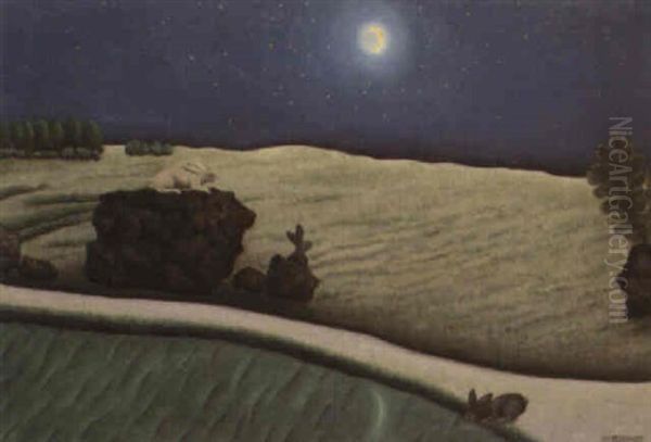 Trois Lapins Au Clair De Lune Oil Painting by Dominique Paul Peyronnet