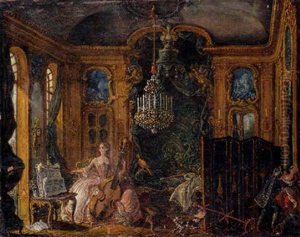 Scene D'interieur Regence Avec Une Violoncelliste Oil Painting by Alexis Peyrotte