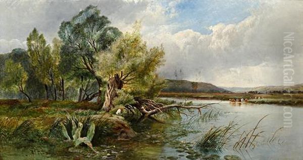 Angler On The Riverbank, With Cattle Watering To The Distance Oil Painting by E Boddington