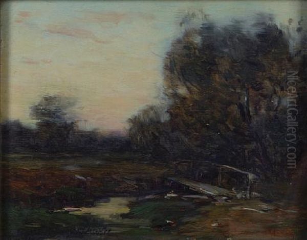 Meandering Stream (+ Nocturnal Farmhouse; 2 Works) Oil Painting by Bertha Menzler Peyton