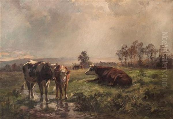 Cows Watering Oil Painting by Aymar (Aimard Alexandre) Pezant