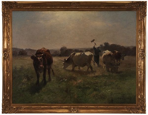 Pastoral Landscape With Cows And Field Worker Oil Painting by Aymar (Aimard Alexandre) Pezant