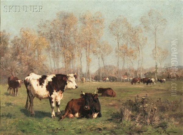 Cattle In A Summer Landscape Oil Painting by Aymar (Aimard Alexandre) Pezant