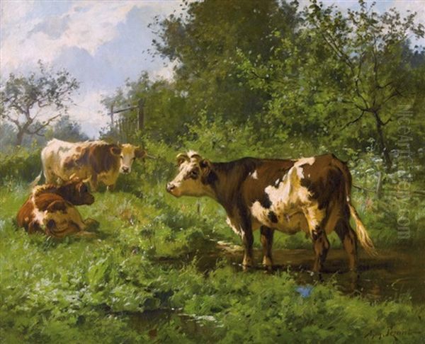 Weidende Kuhe Auf Sommerlicher Wiese Oil Painting by Aymar (Aimard Alexandre) Pezant