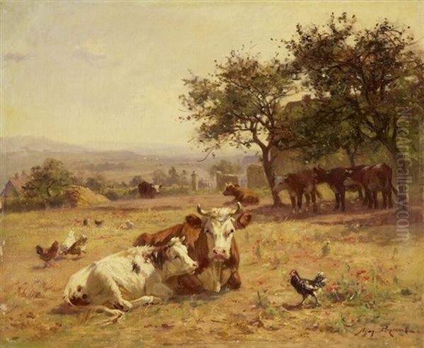 Vaches Couchees Dans Un Chaumes Oil Painting by Aymar (Aimard Alexandre) Pezant