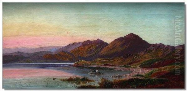 Figures Rowing On A Loch Oil Painting by Henry Boddington