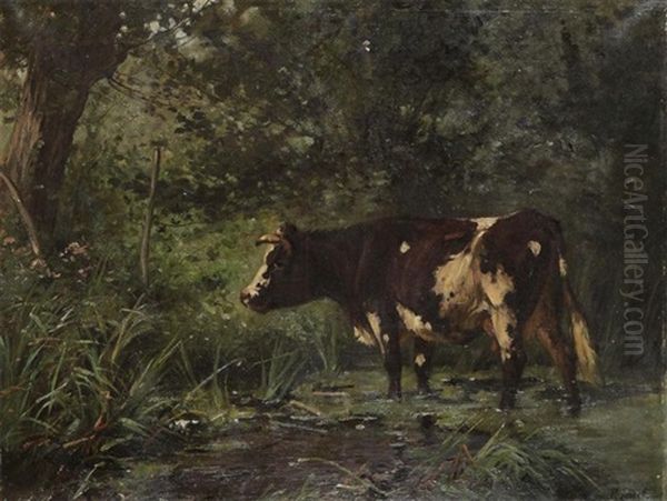 Cow Near The Watering Place In The Forest Oil Painting by Aymar (Aimard Alexandre) Pezant