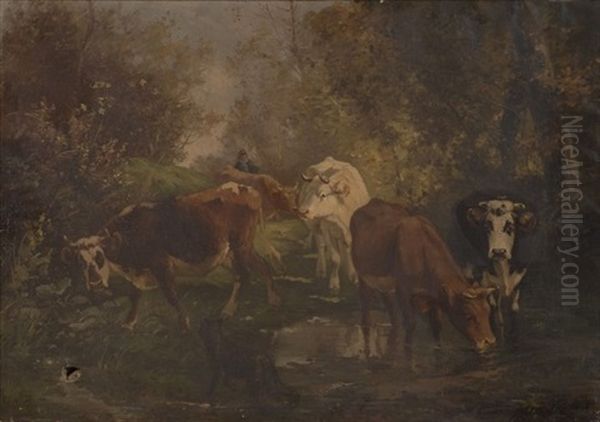 Cattle, Shepherd And Dog Oil Painting by Aymar (Aimard Alexandre) Pezant