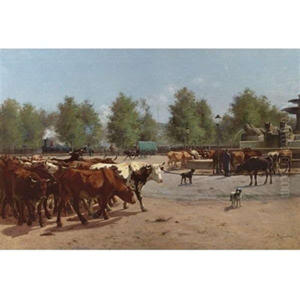 Cows Watering At A Public Square Oil Painting by Aymar (Aimard Alexandre) Pezant