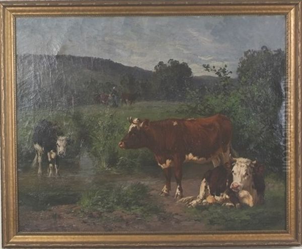 Pastoral Landscape With Cows Oil Painting by Aymar (Aimard Alexandre) Pezant