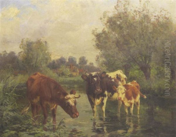 Cattle Watering Oil Painting by Aymar (Aimard Alexandre) Pezant