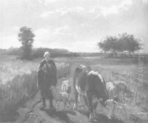 Eine Bauerin Mit Kuhen Und Schafen Auf Einem Feldweg Oil Painting by Aymar (Aimard Alexandre) Pezant