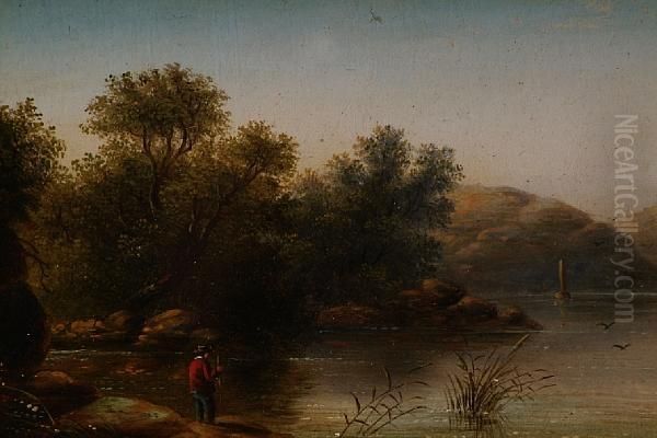 A Lake Scene With Angler On The Shore Oil Painting by Henry Boddington