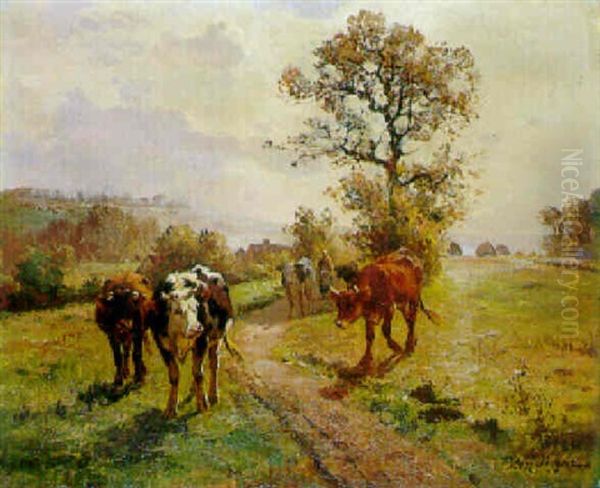 Le Retour Du Troupeau Pendant L'eclaircie Oil Painting by Aymar (Aimard Alexandre) Pezant