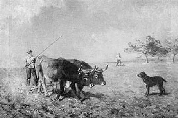 Plowing: Genre Scene With Figures, Oxen Team And Dog Oil Painting by Aymar (Aimard Alexandre) Pezant