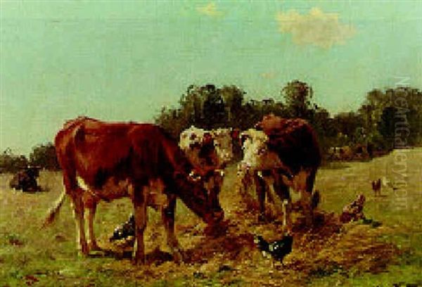 Cattle Feeding In A Meadow Oil Painting by Aymar (Aimard Alexandre) Pezant