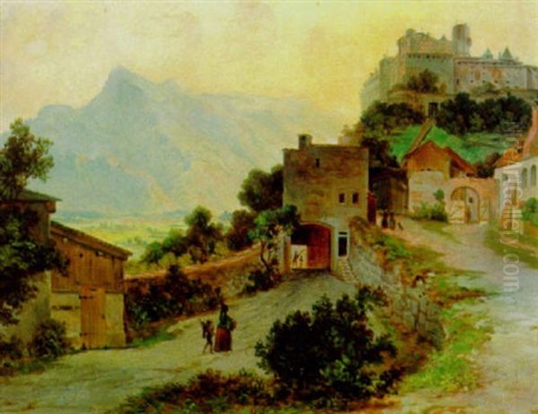 Blick Auf Festung Hohensalzburg Und Den Untersberg Oil Painting by Georg Pezolt