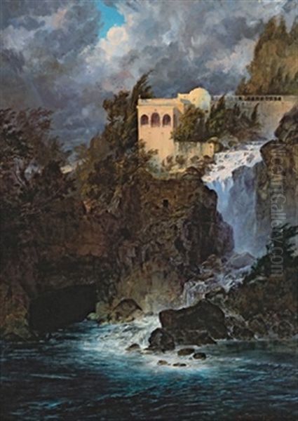 Bauwerk Am Wasserfall Oil Painting by August Pezzey Jr.