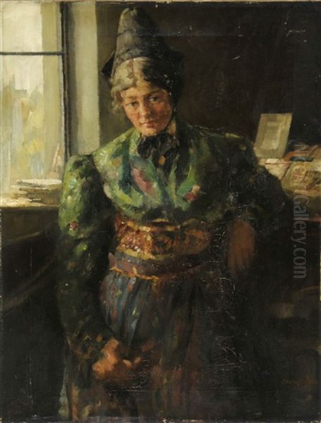 Portrait Einer Jungen Dame In Gruner Tracht Vor Einem Fenster Stehend Oil Painting by Conrad Pfau