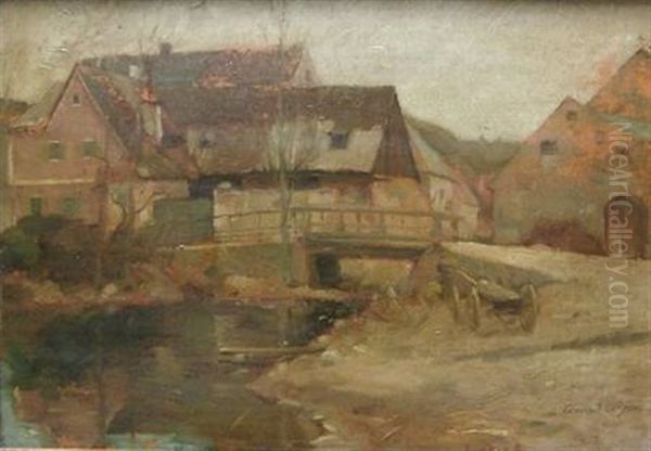 Malerische Hauserzeile In Einem (frankischen?) Dorf Mit Brucke Uber Den Bach Oil Painting by Conrad Pfau