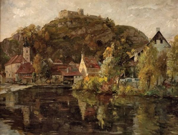 Ort An Einem Fluss Mit Burg Oil Painting by Conrad Pfau