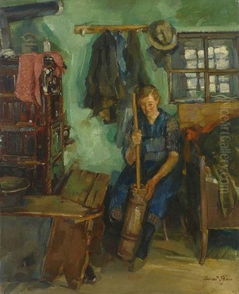 Frau In Der Bauernstube Beim Butter Stampfen Oil Painting by Conrad Pfau